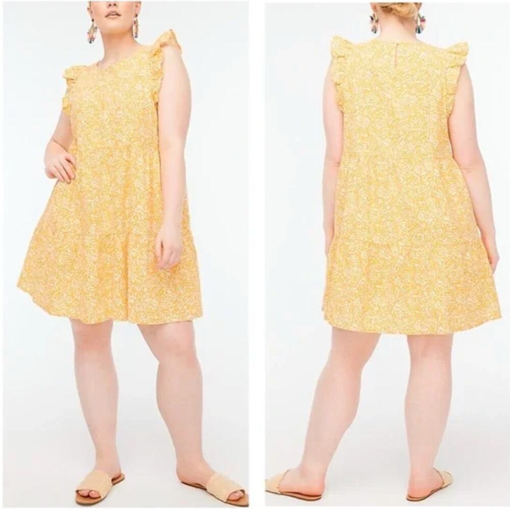 J. Crew Linen Blend Tiered Printed Mini Dress Yellow Ruffle BI371 Plus Size 20